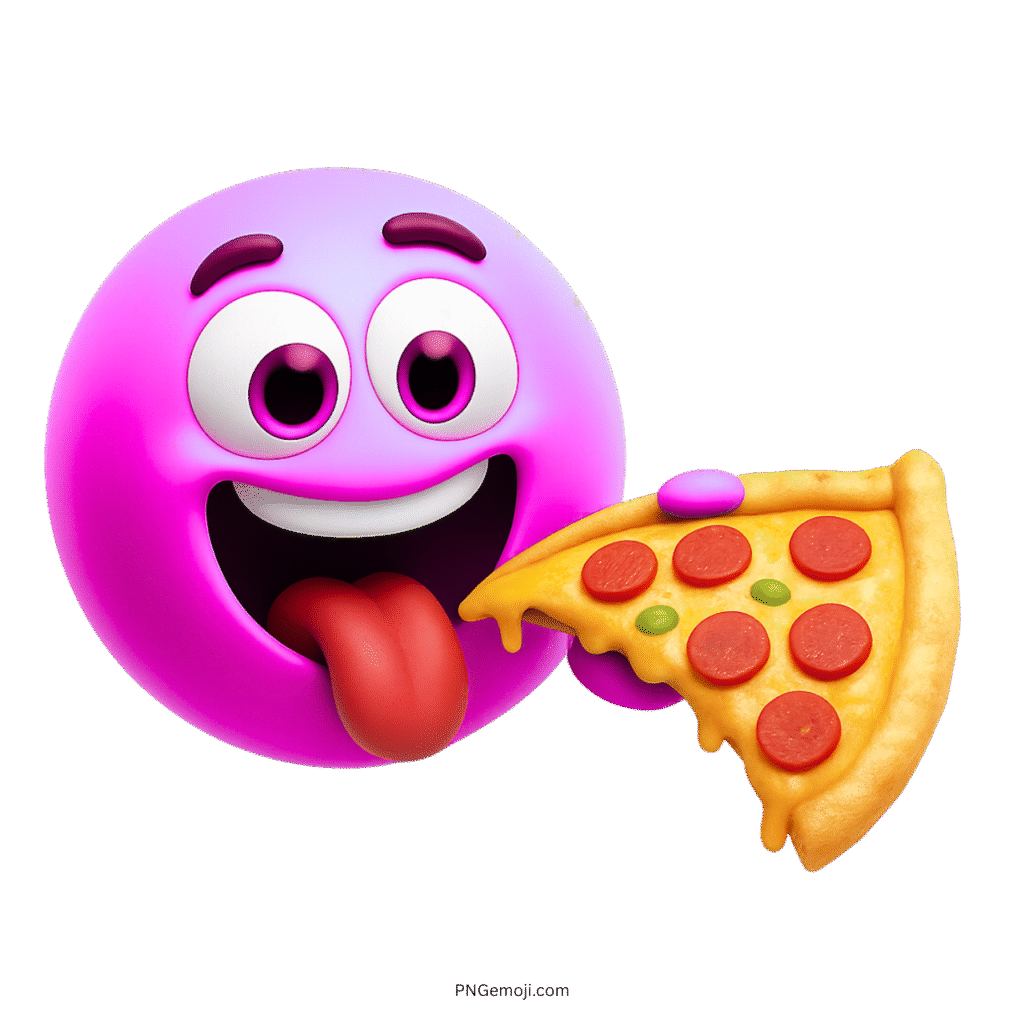 3D purple emoji with tongue out enjoying slice of pepperoni pizza