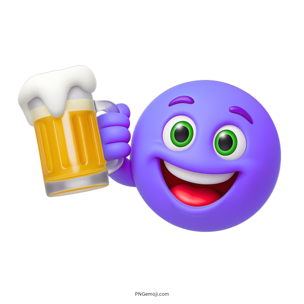 Purple smiling emoji toasting with a beer mug in a celebratory 3D cartoon style