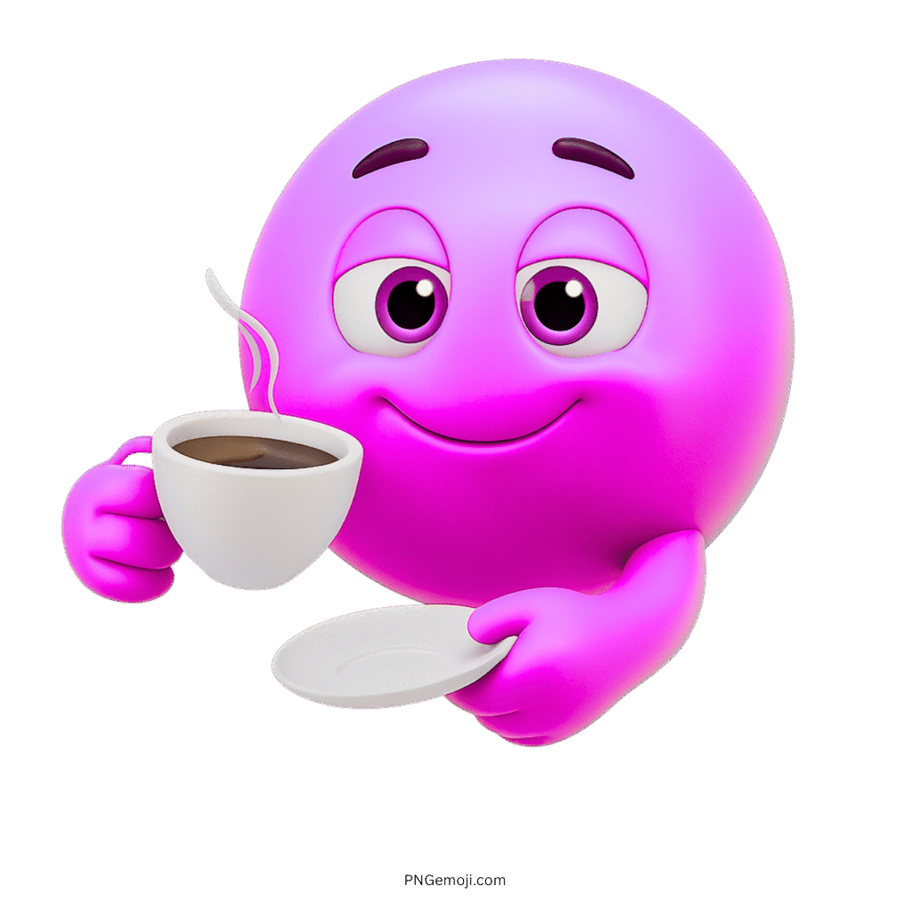 Purple smiley face enjoying coffee with a calm, cheerful expression