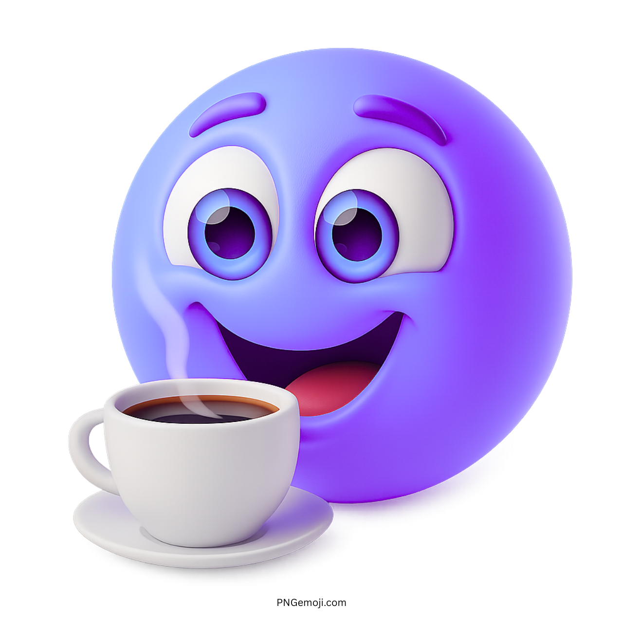 Purple smiling emoji with hot steaming coffee cup and joyful expression