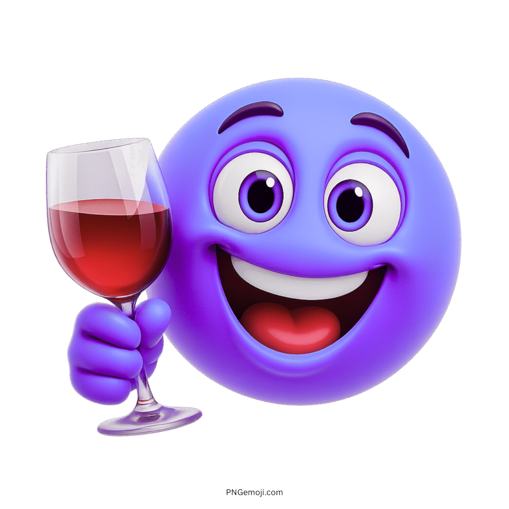 Purple emoji face smiling and raising a red wine glass for a toast