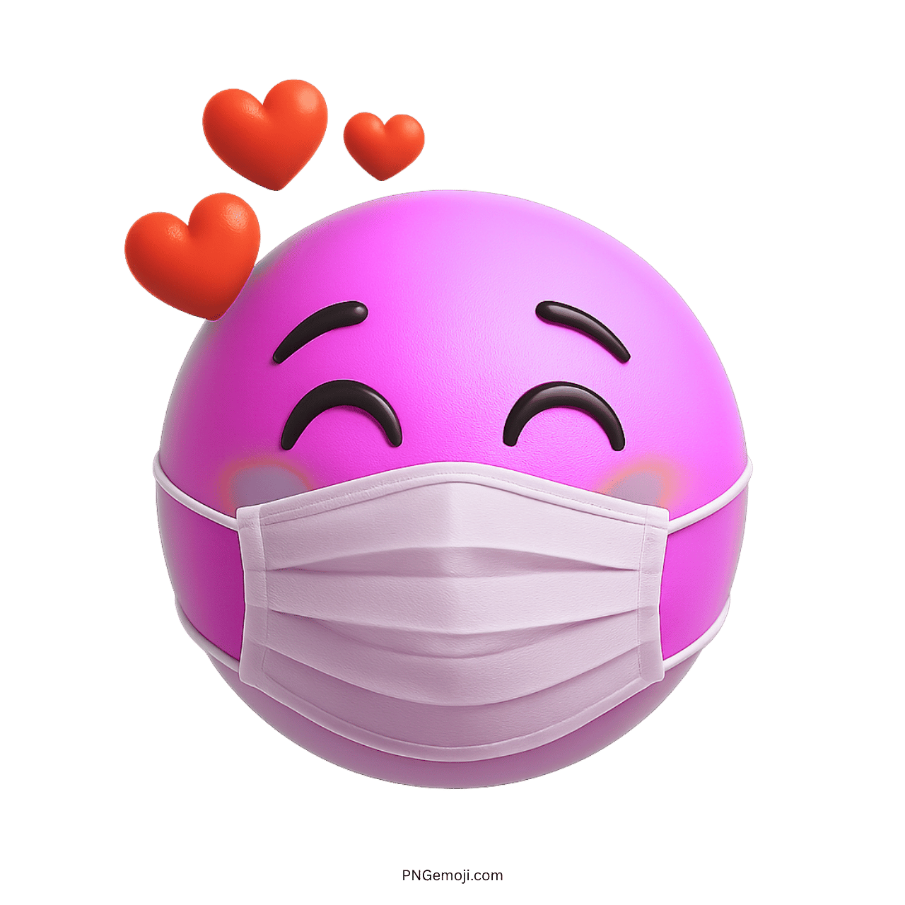 Purple smiley emoji with red hearts and white medical mask in 3D illustration