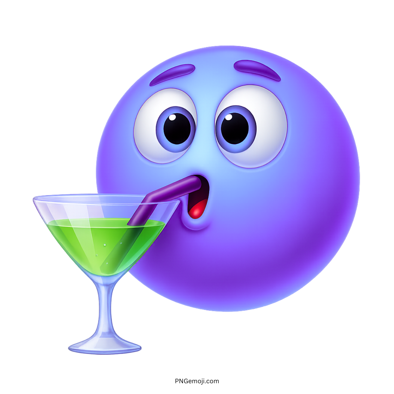 Purple emoji drinking green martini cocktail with purple straw in clear glass illustration