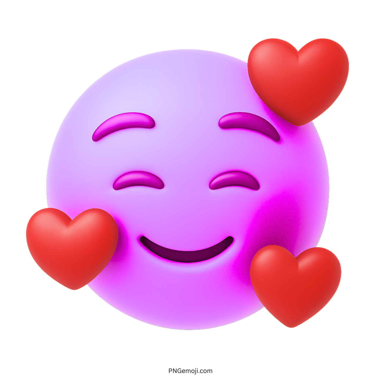 Purple 3D smiling emoji with hearts expressing deep affection, warmth, and emotional care