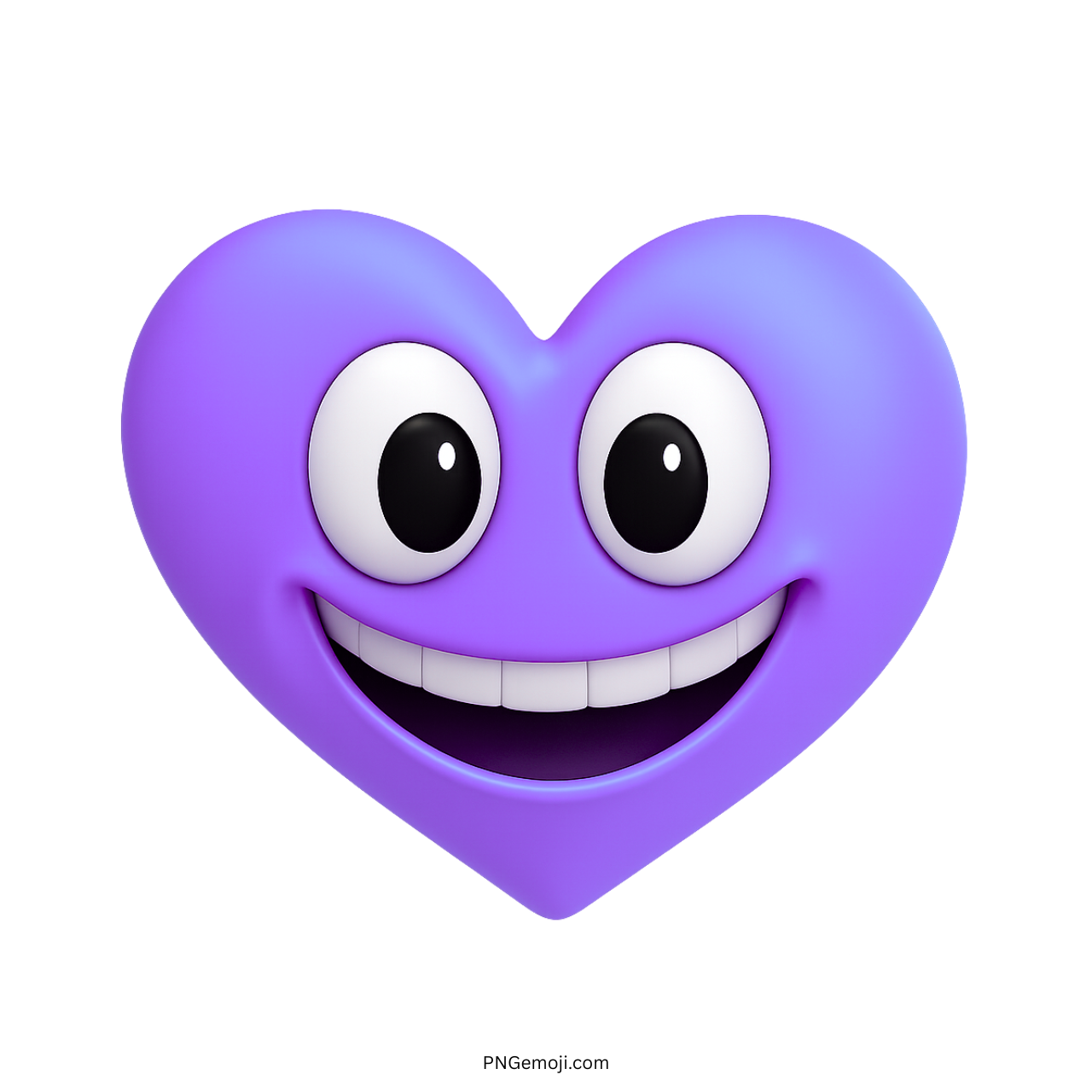 Purple heart emoji with wide eyes and a big happy smile in cartoon style.