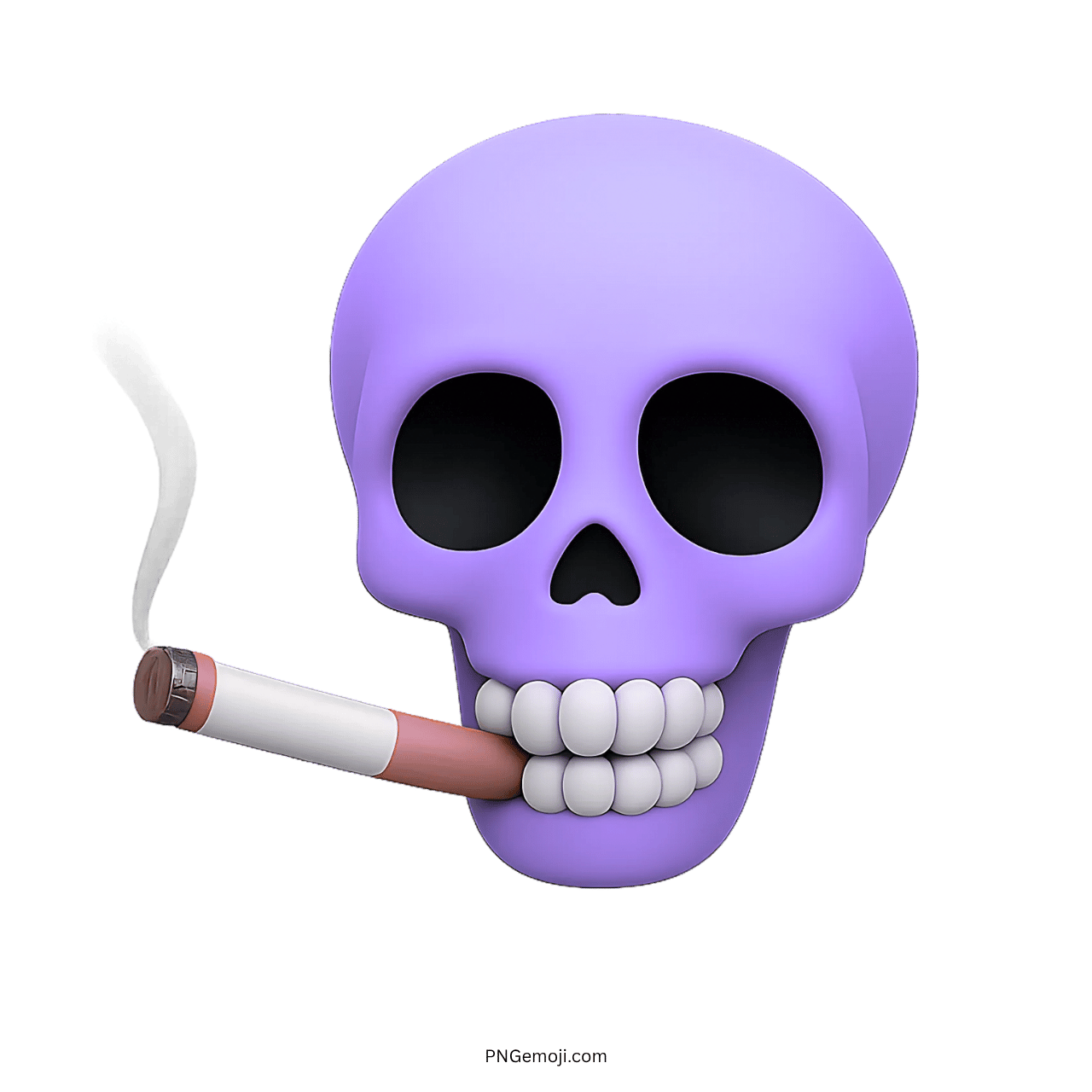 3D purple skull emoji with cigarette and smoke in cartoon-style design