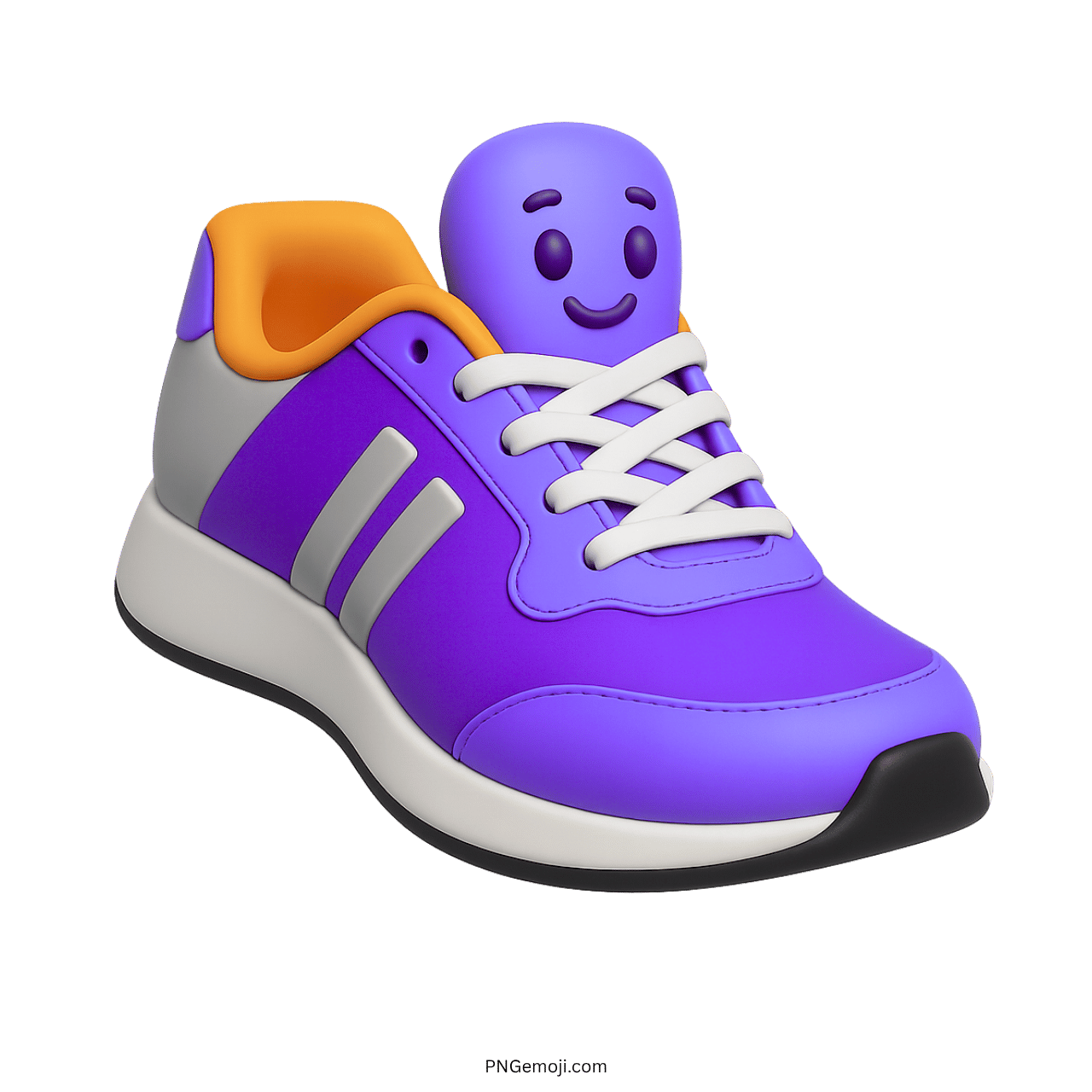 3D purple sneakers emoji with happy face, white laces, and cartoon sneaker design