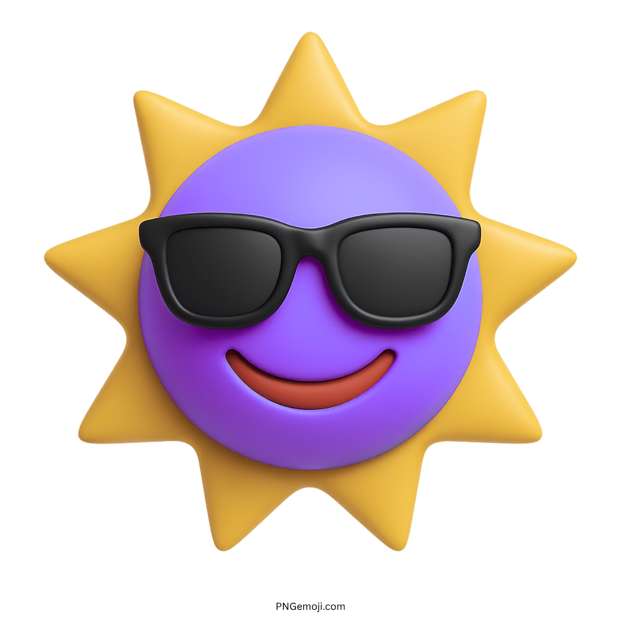 Purple 3D sun emoji wearing sunglasses with red smile and yellow rays