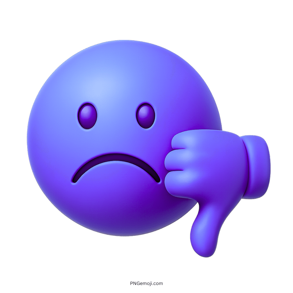 3D purple emoji with frown and thumbs down hand gesture