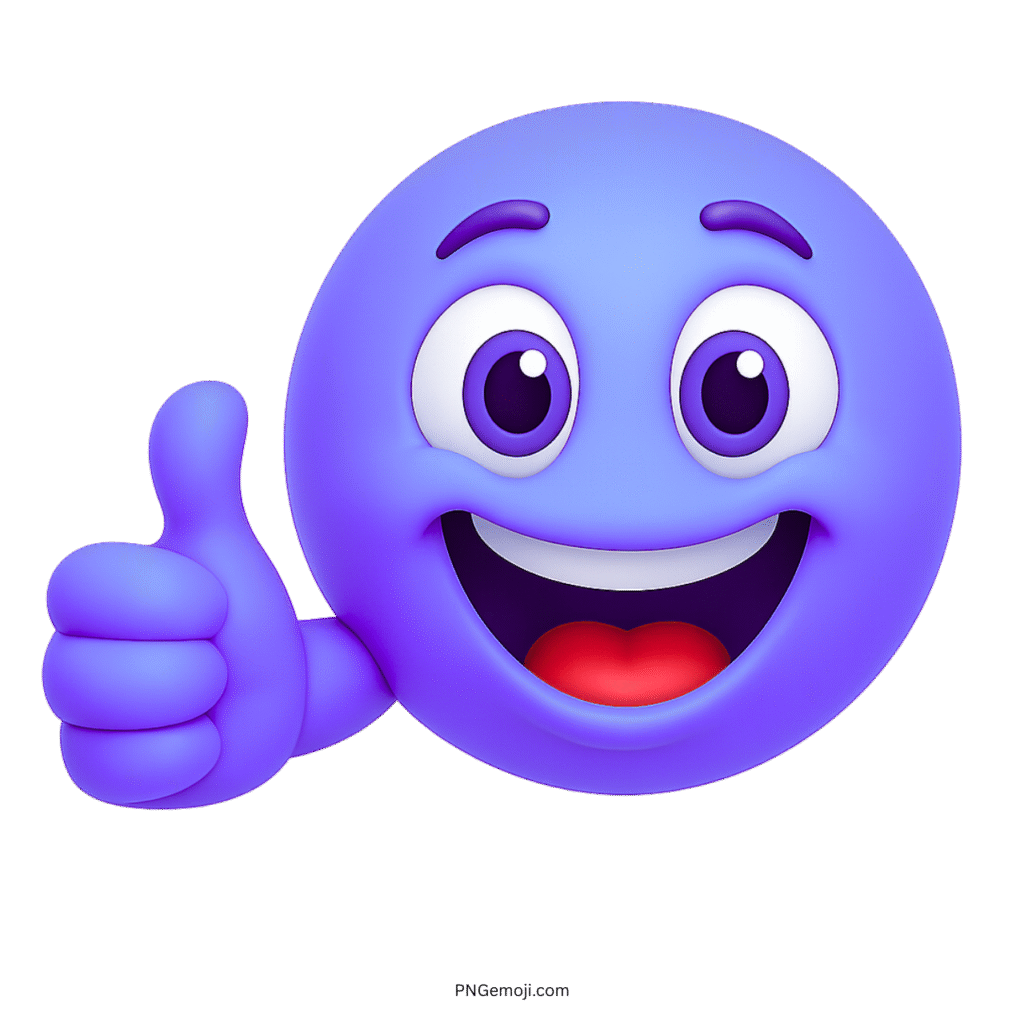 Purple smiley emoji showing thumbs up with big eyes and joyful smiling face