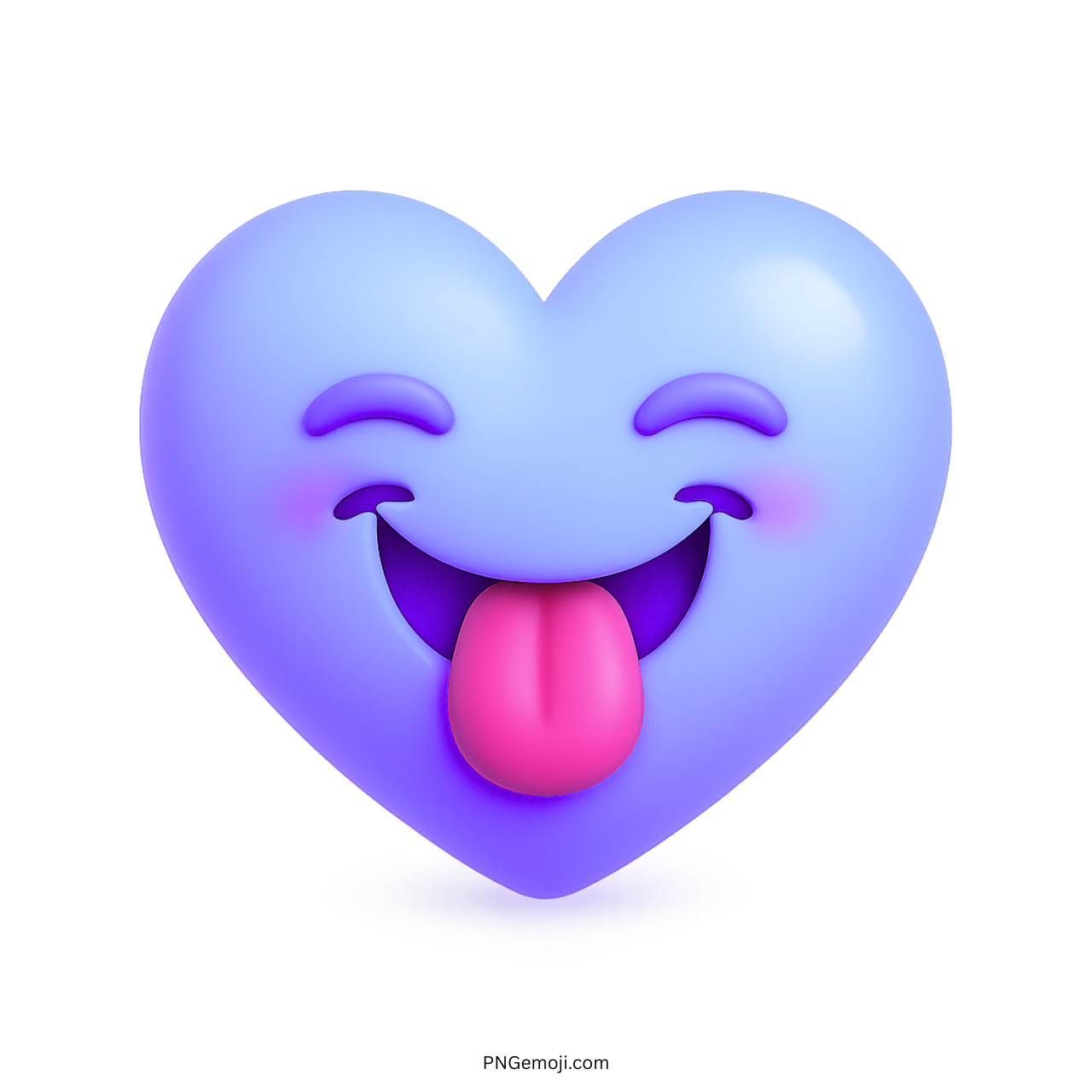 Glossy purple heart emoji with eyes closed, blush cheeks, and tongue sticking out in 3D