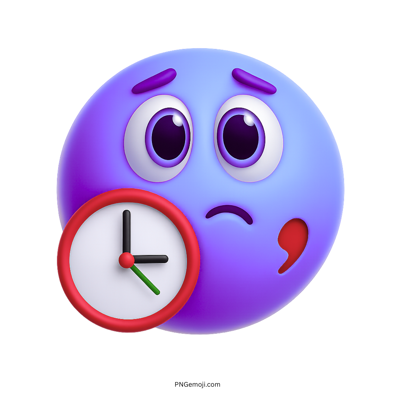 3D purple waiting emoji with clock showing tense and worried cartoon face expression