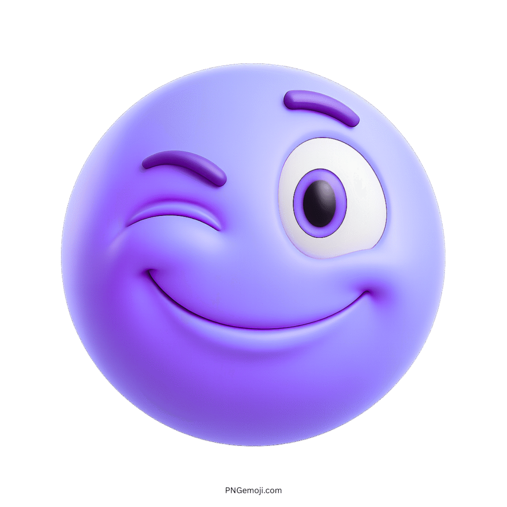 3D purple wink emoji with mischievous smile and confident playful facial expression