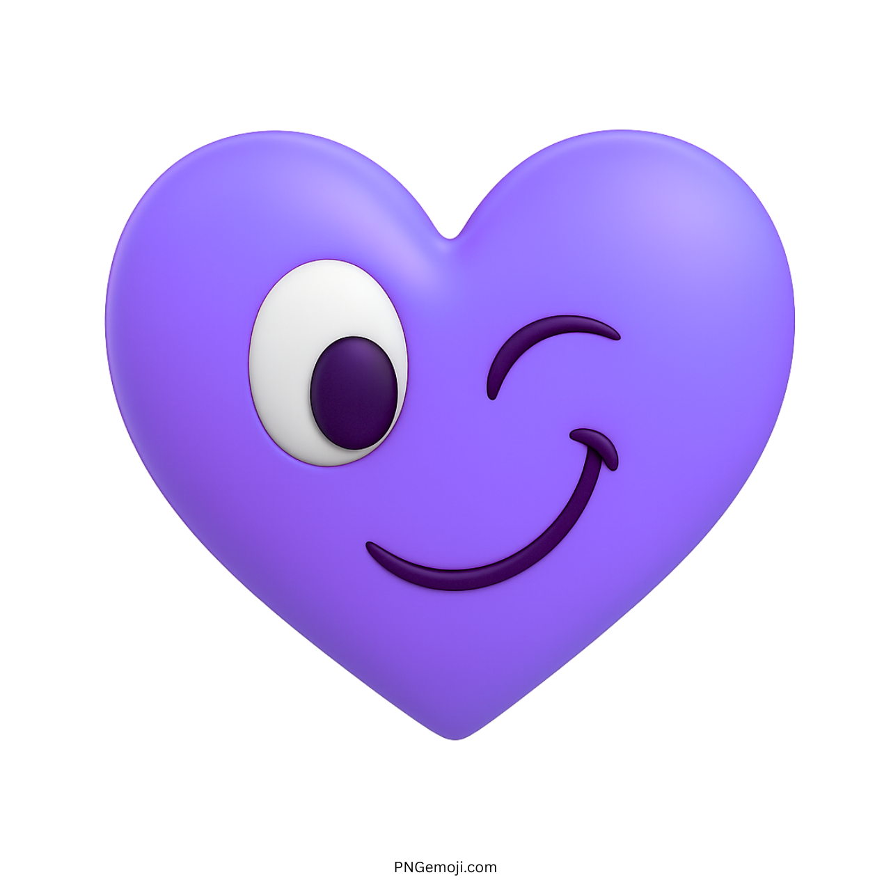 3D purple heart emoji with winking cartoon face and fun, playful smile