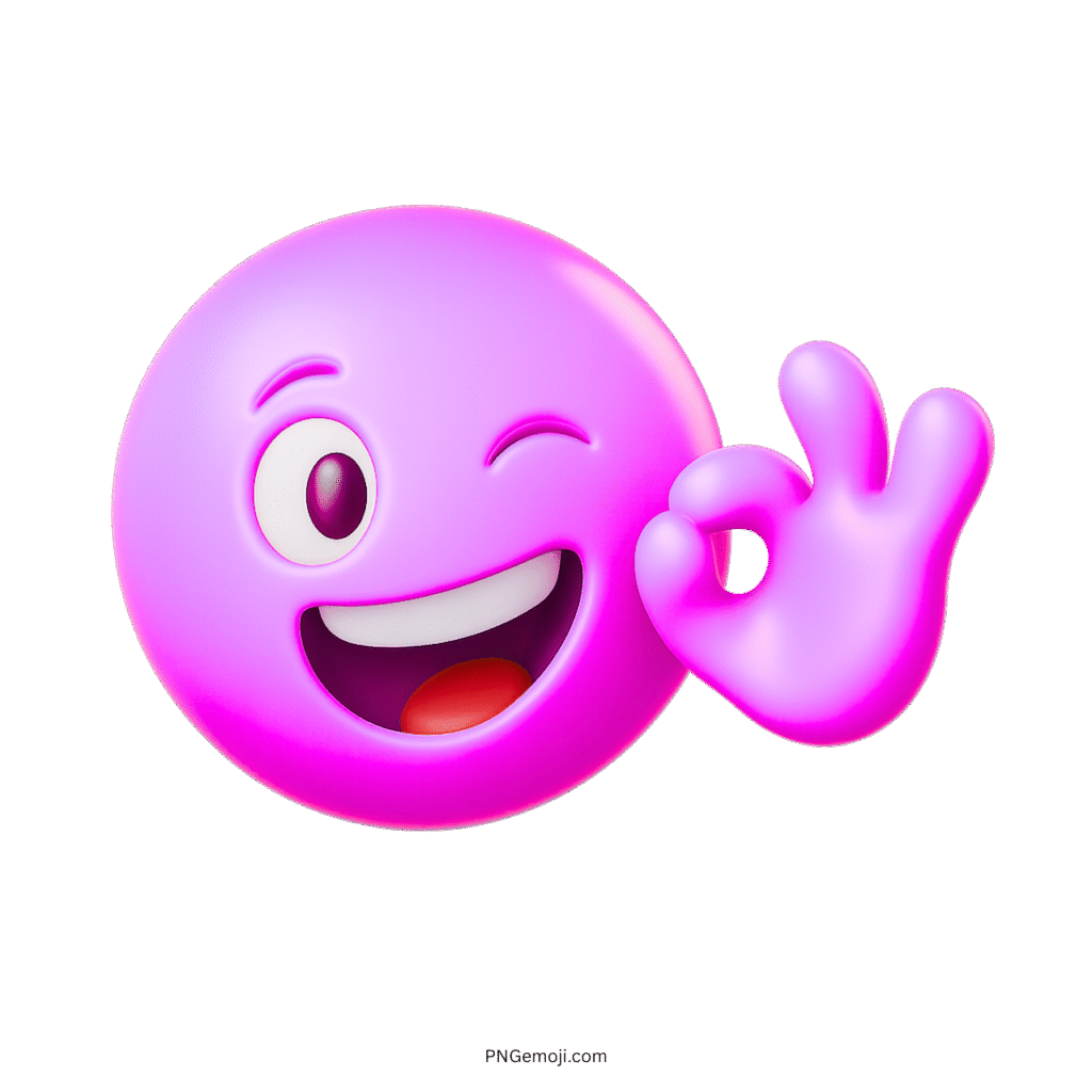 Purple 3D emoji winking and showing OK hand sign with happy expression