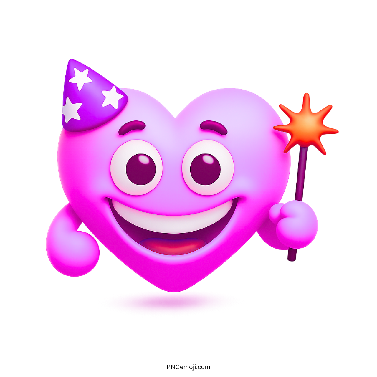 Purple heart emoji with party hat holding magic wand and smiling happily