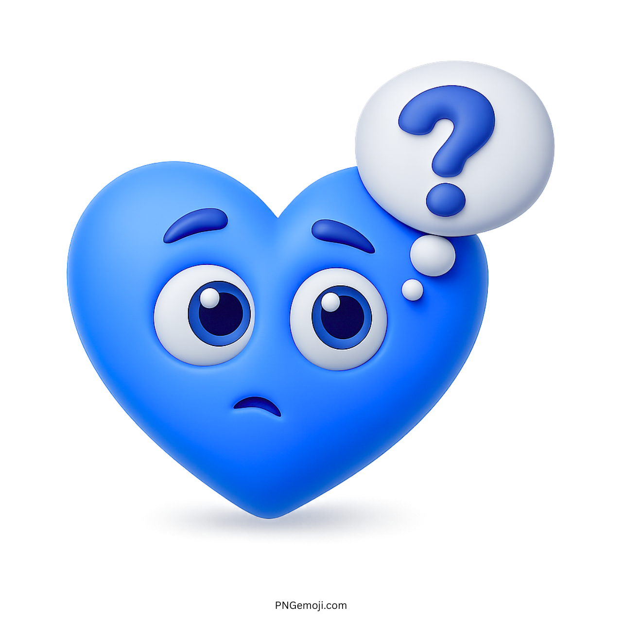 Blue heart emoji with confused expression and question mark thought bubble.