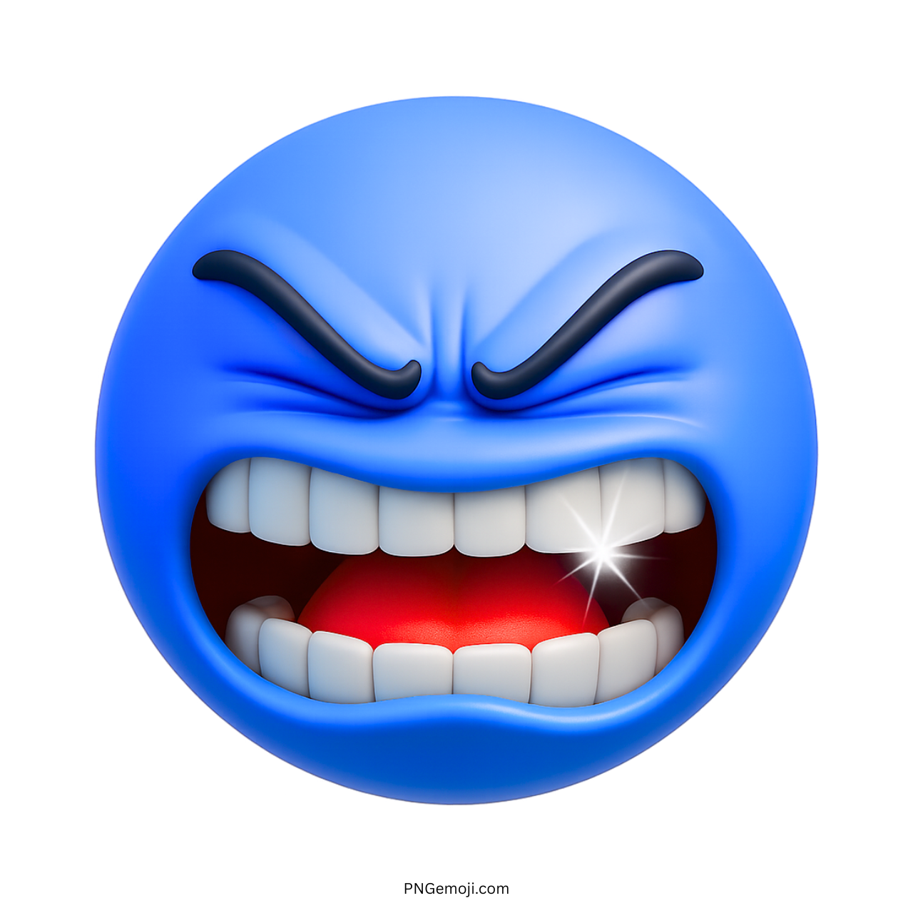 Furious blue emoji with clenched teeth, glowing sparkle, and angry expression in 3D style