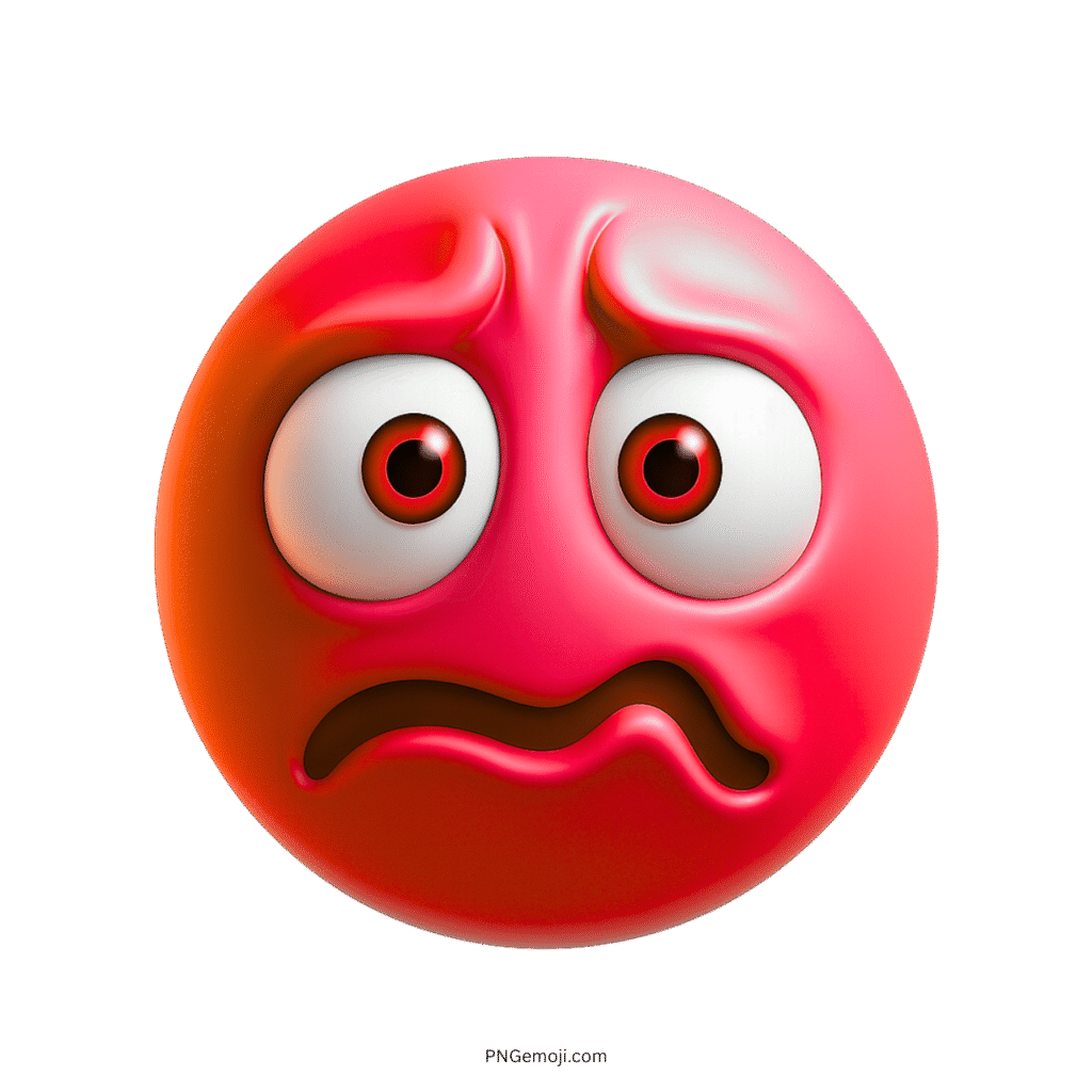 Red 3D emoji face with wide eyes and distorted mouth expressing panic and stress
