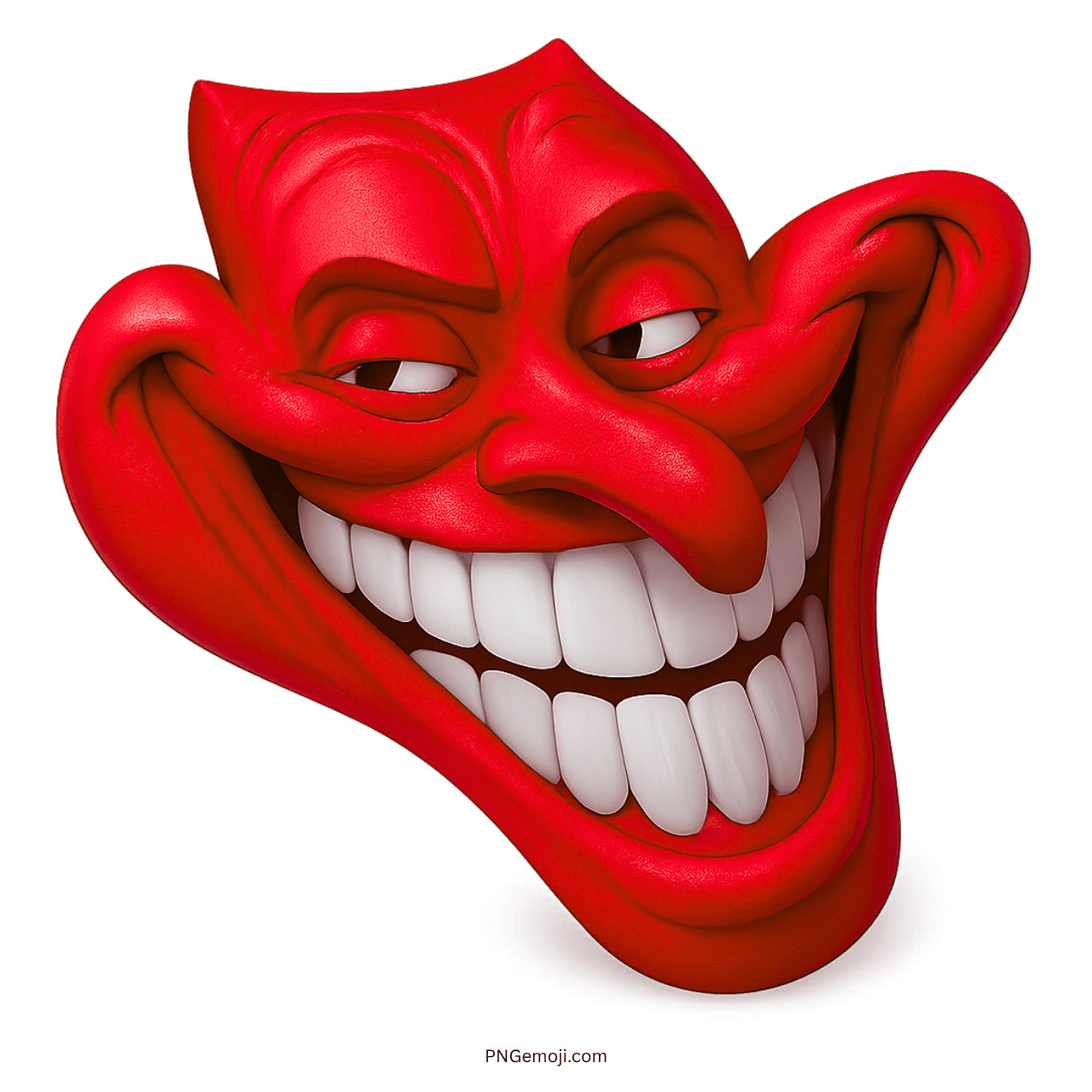 Red 3D troll face emoji with creepy grin and wicked facial expression