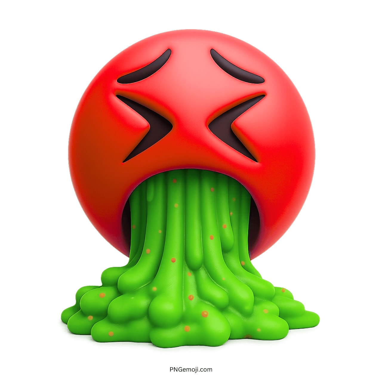 Red 3D emoji vomiting green slime with extreme disgust facial expression
