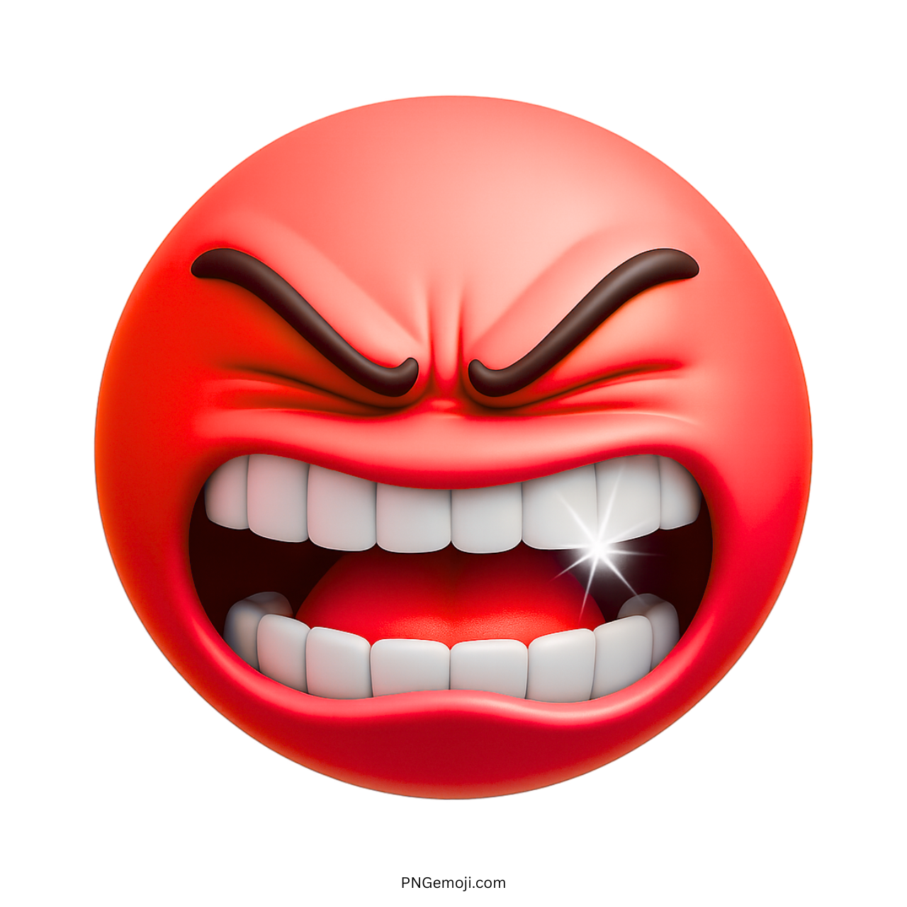 Red 3D furious emoji with clenched teeth, glowing sparkle, and intense angry face