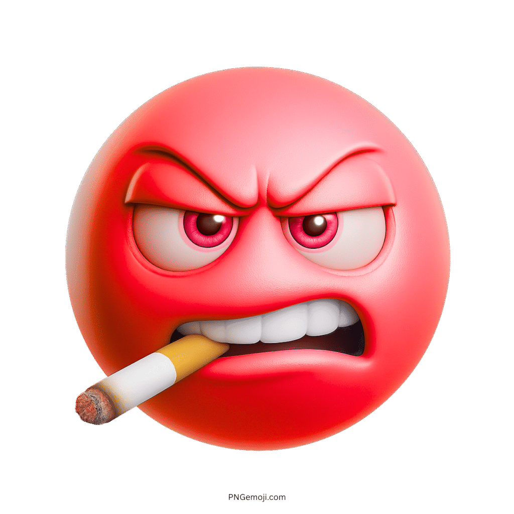 Red angry emoji face smoking cigarette with intense cartoon 3D expression