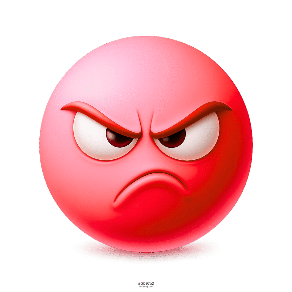 3D red annoyed emoji face with angry glare, furrowed eyebrows, and deep frown