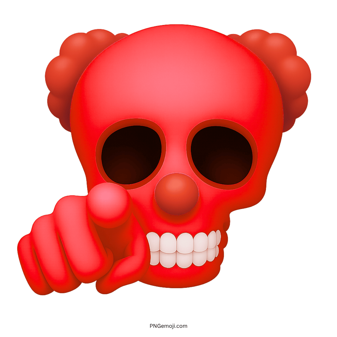 3D red clown skull emoji with bright red nose, red hair, and pointing finger