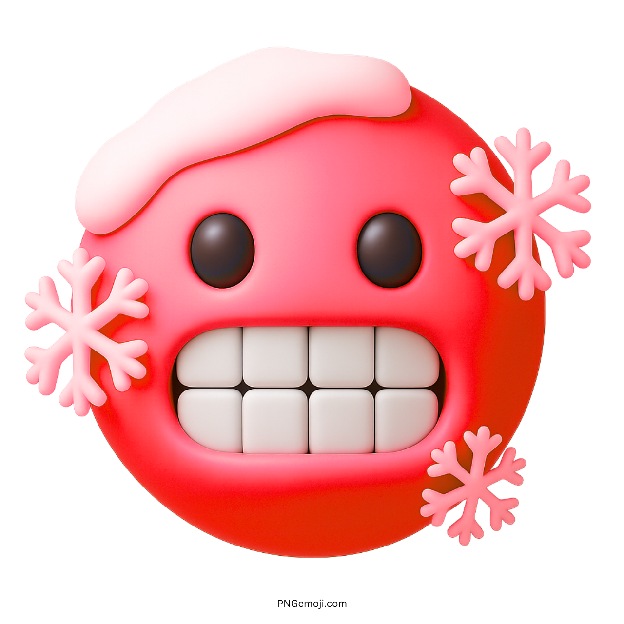 3D red cold face emoji with snowflakes, frozen teeth, and icy snow top
