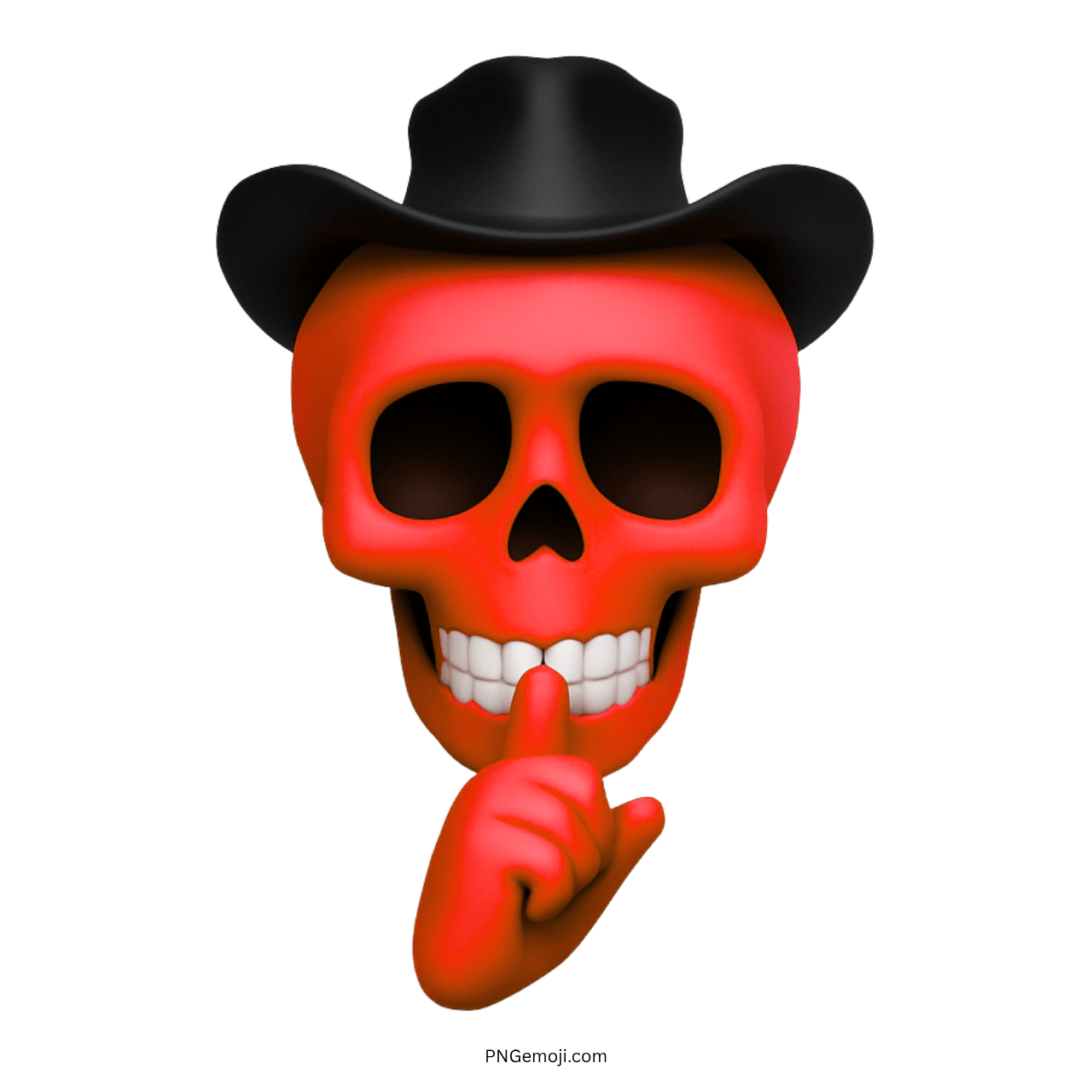 Red skull emoji wearing cowboy hat with finger on lips in 3D design