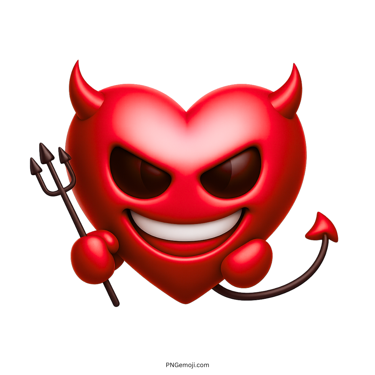 3D red devil heart emoji with horns, evil smile, black trident, and pointed tail