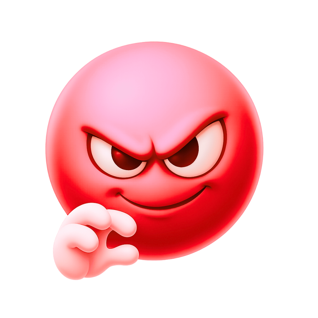 Red devious emoji with mischievous smirk face and evil expression cartoon style illustration