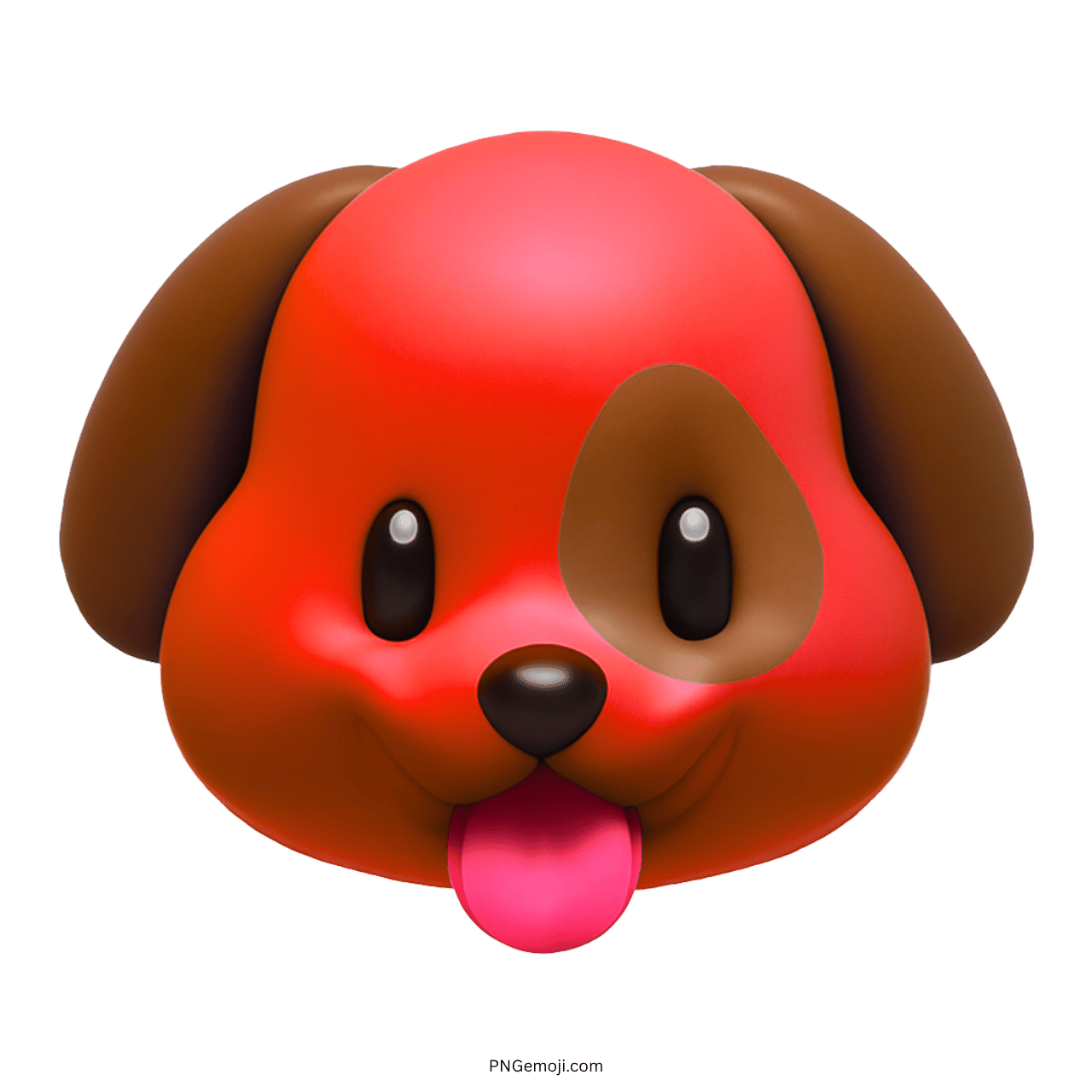 3D red dog face emoji with brown ears and playful tongue, cartoon style, transparent background.