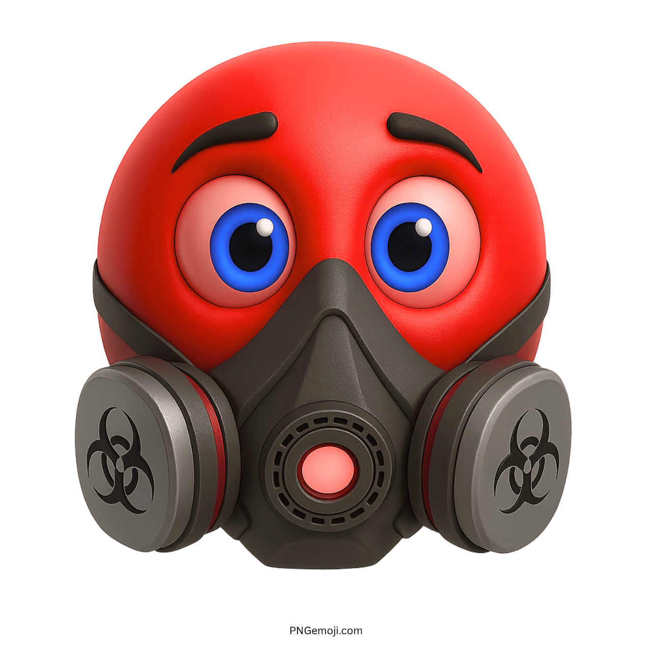 Red emoji face in gas mask with biohazard filters and glowing red respirator vent