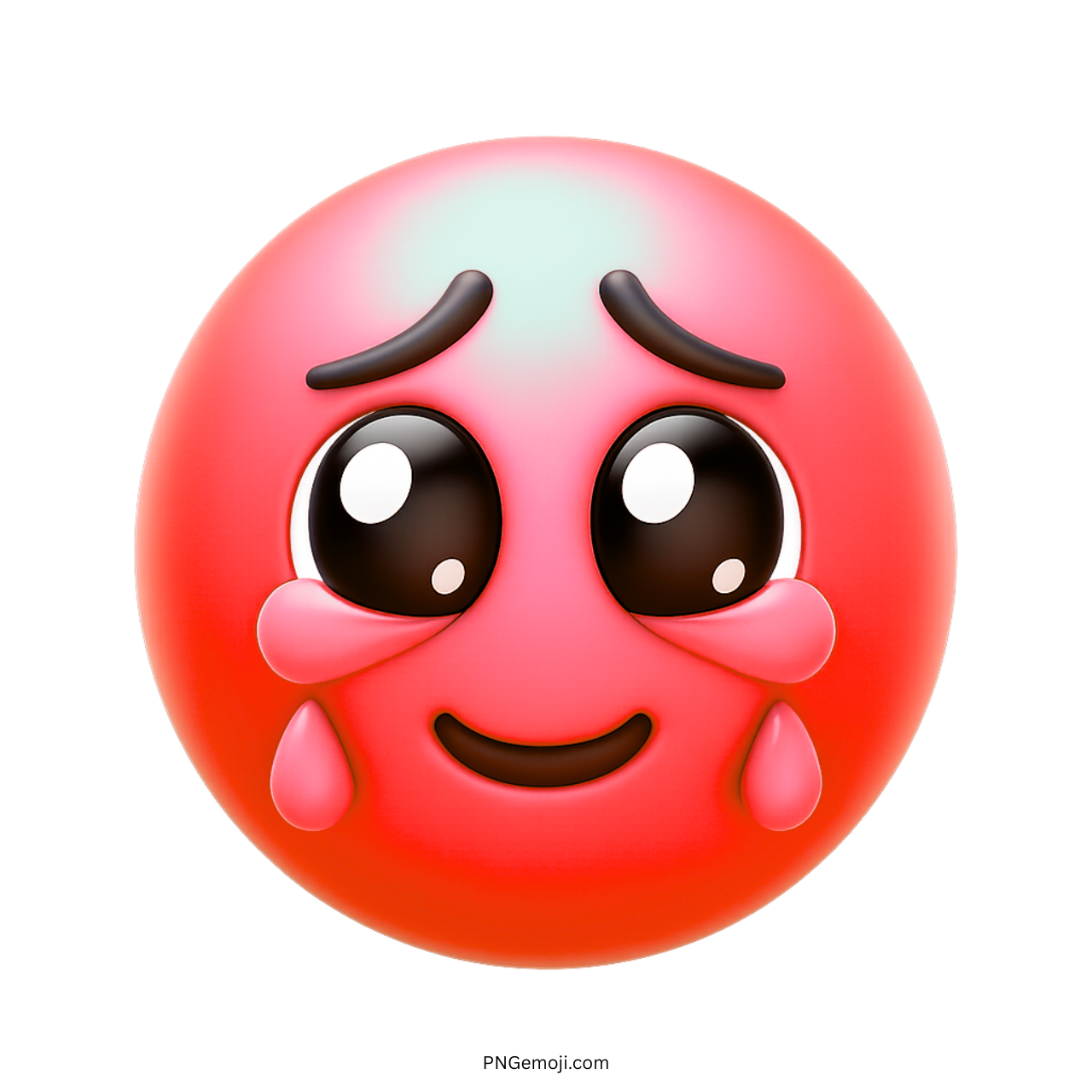 Red face emoji with teardrops and emotional eyes holding back feelings