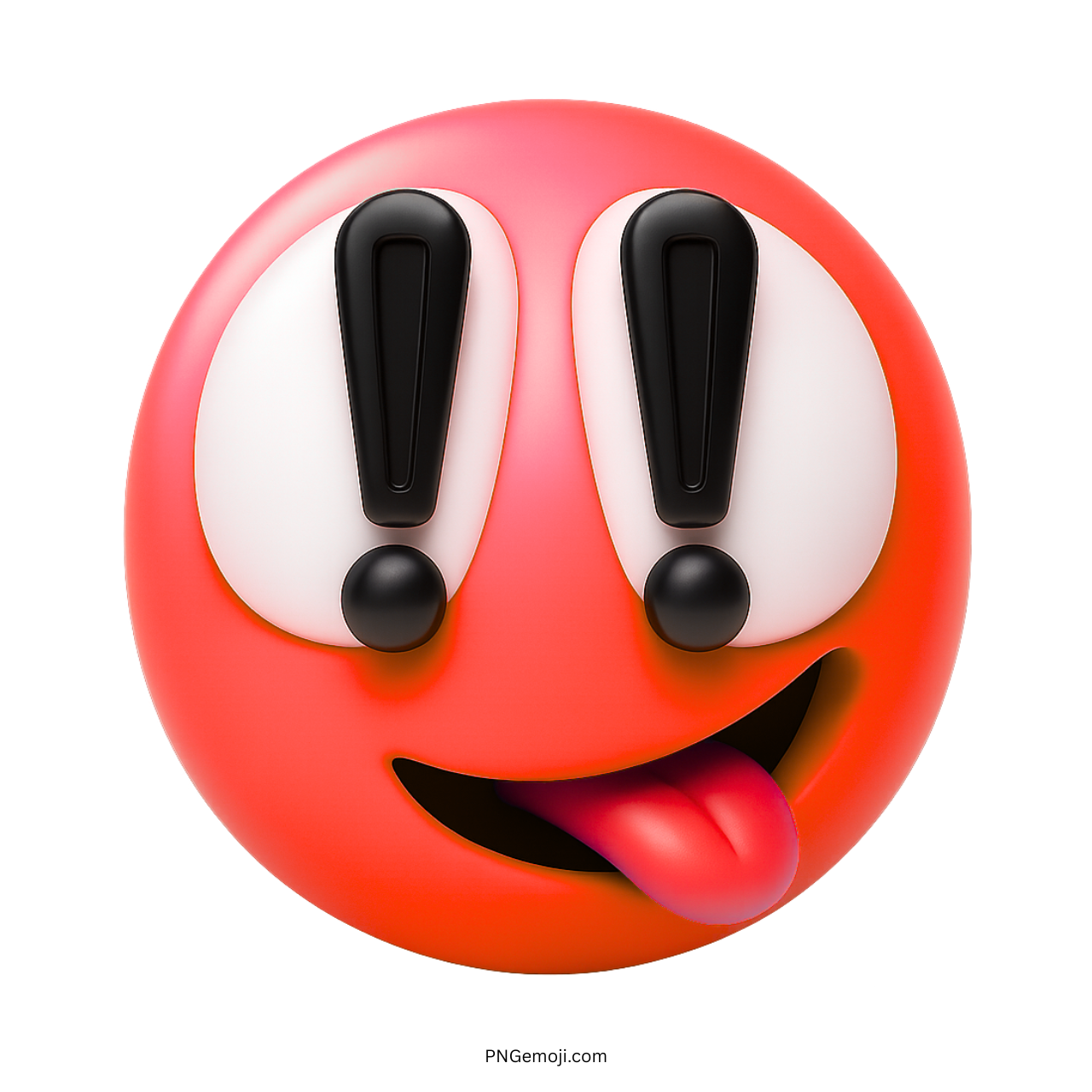 Red emoji with exclamation eyes and tongue out in wild silly expression