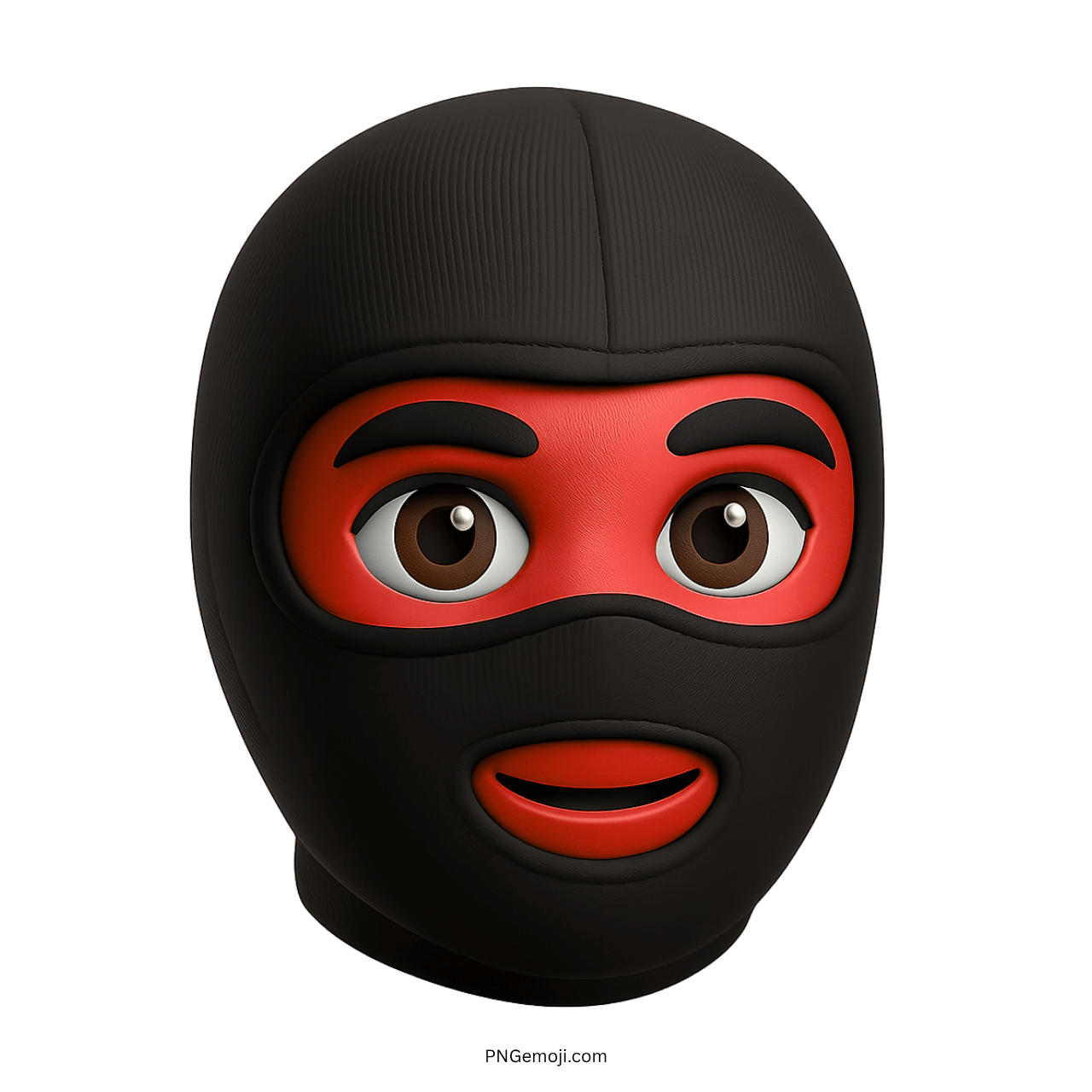 3D red face emoji with black ski mask, bold eyes, and smiling expression