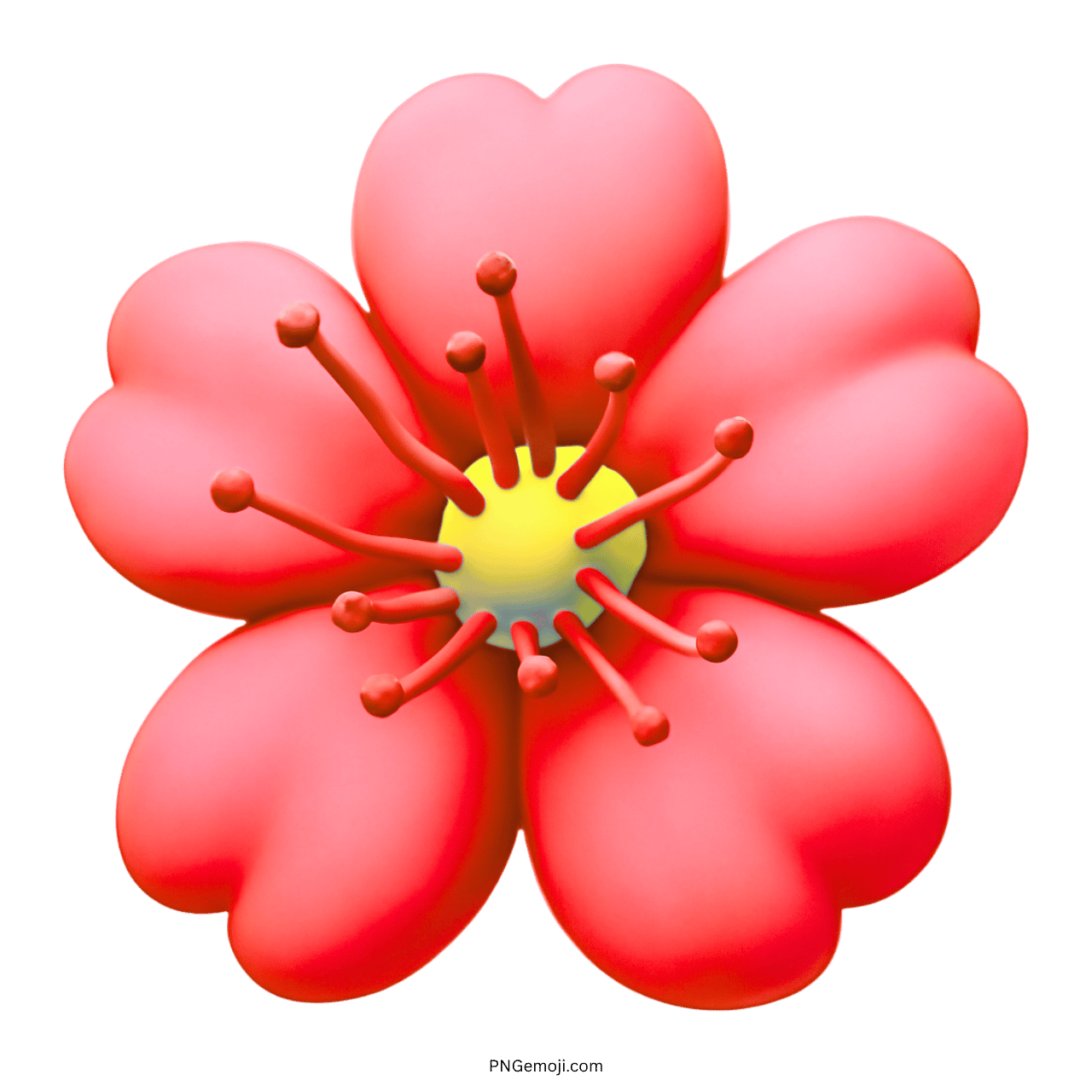 Red 3D flower emoji with yellow center and delicate petals, PNG transparent background.