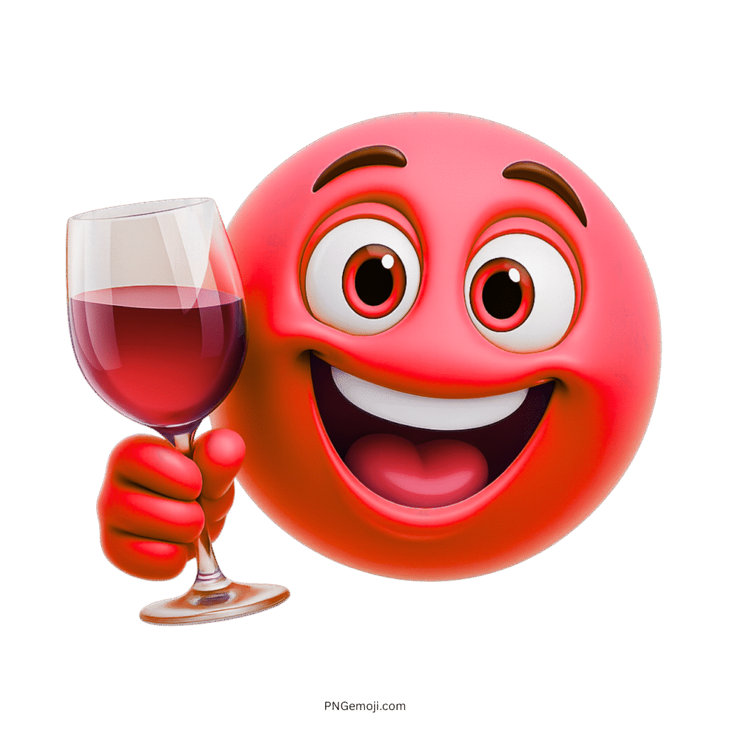 Red smiley emoji holding wine glass with joyful expression for celebration or party