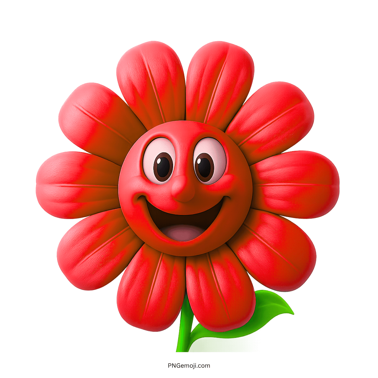 Red smiling flower emoji with a happy face and green leaf.