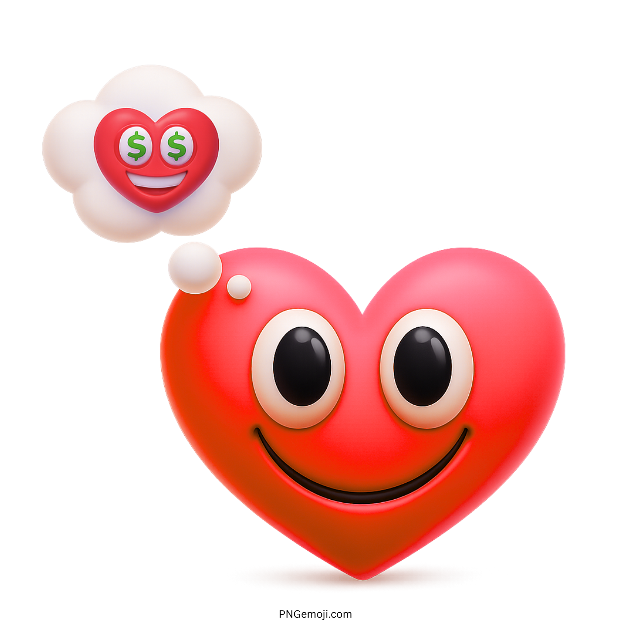 Red 3D heart emoji smiling and dreaming of love and money