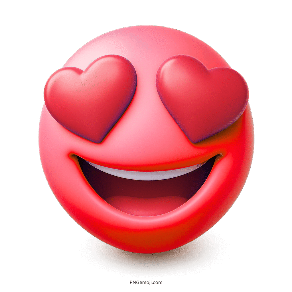 Vibrant red 3D emoji with heart-shaped eyes and happy smiling face expressing love.