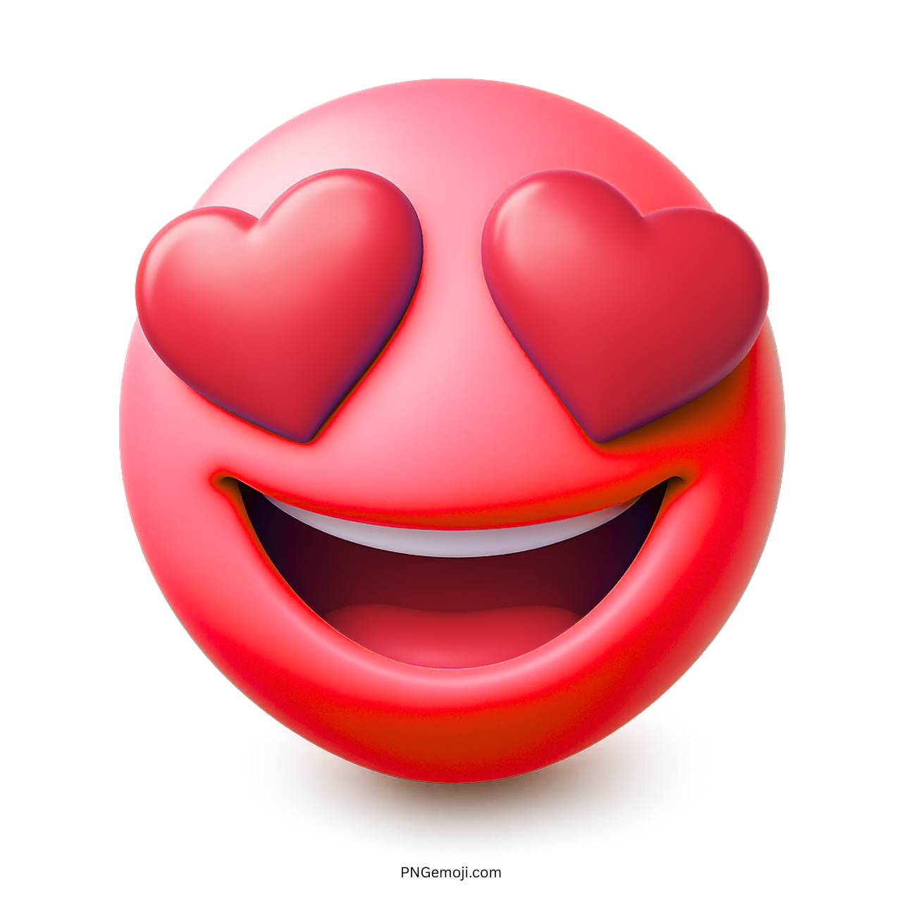 Vibrant red 3D emoji with heart-shaped eyes and happy smiling face expressing love.