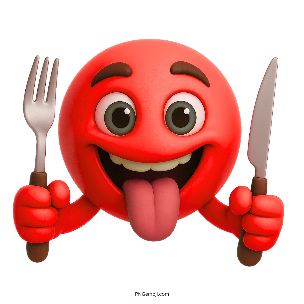 Red hungry emoji showing tongue while holding fork and knife with happy face