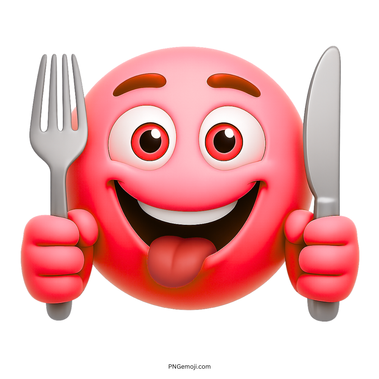 Red hungry emoji face with tongue out holding fork and knife ready to eat
