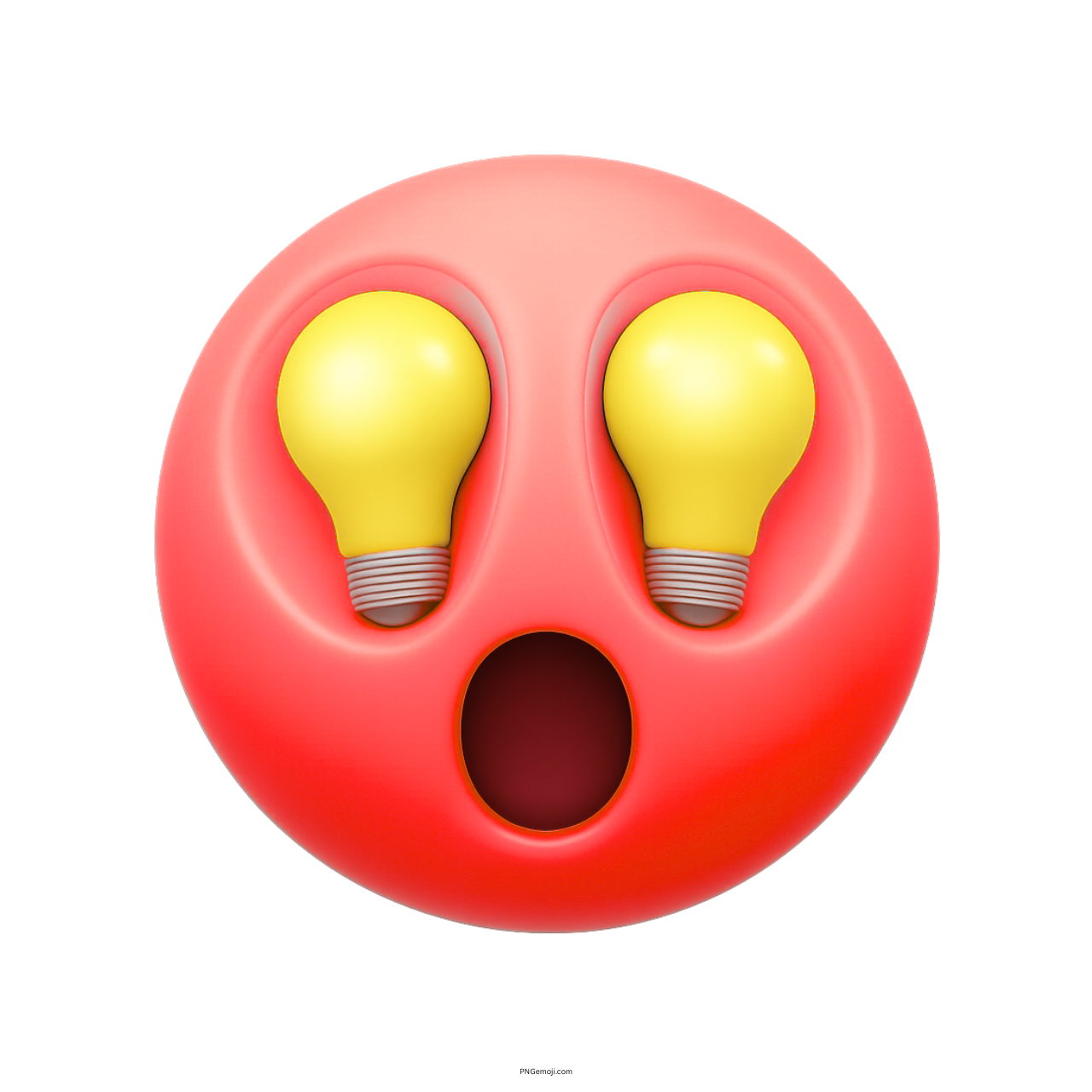 Red shocked emoji face with bright yellow lightbulb eyes representing sudden creative spark