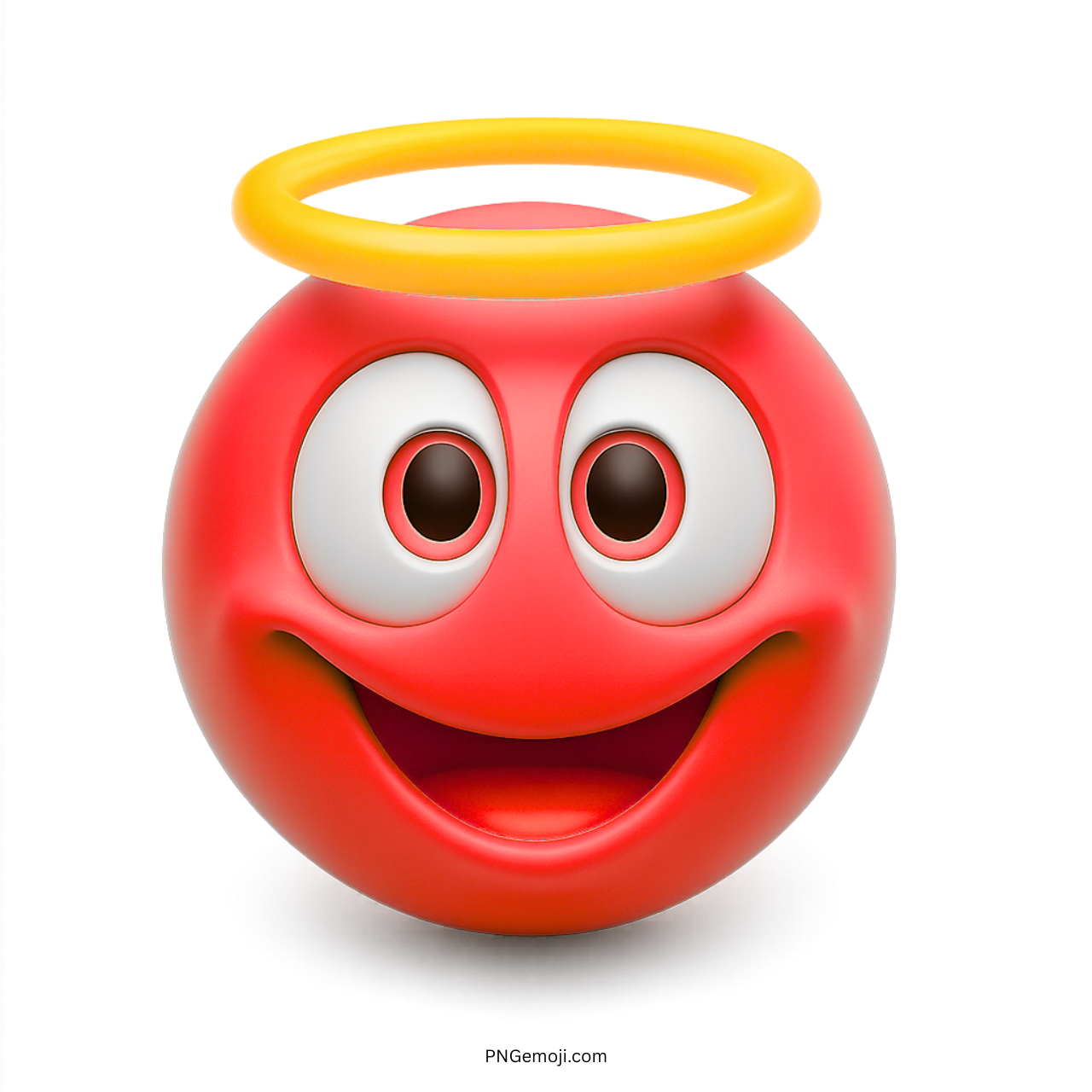 3D red innocent smiley emoji with yellow halo and bright happy face