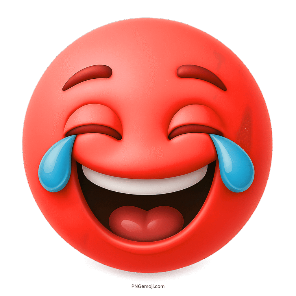 3D red laughing emoji with smiling face and joyful blue tears