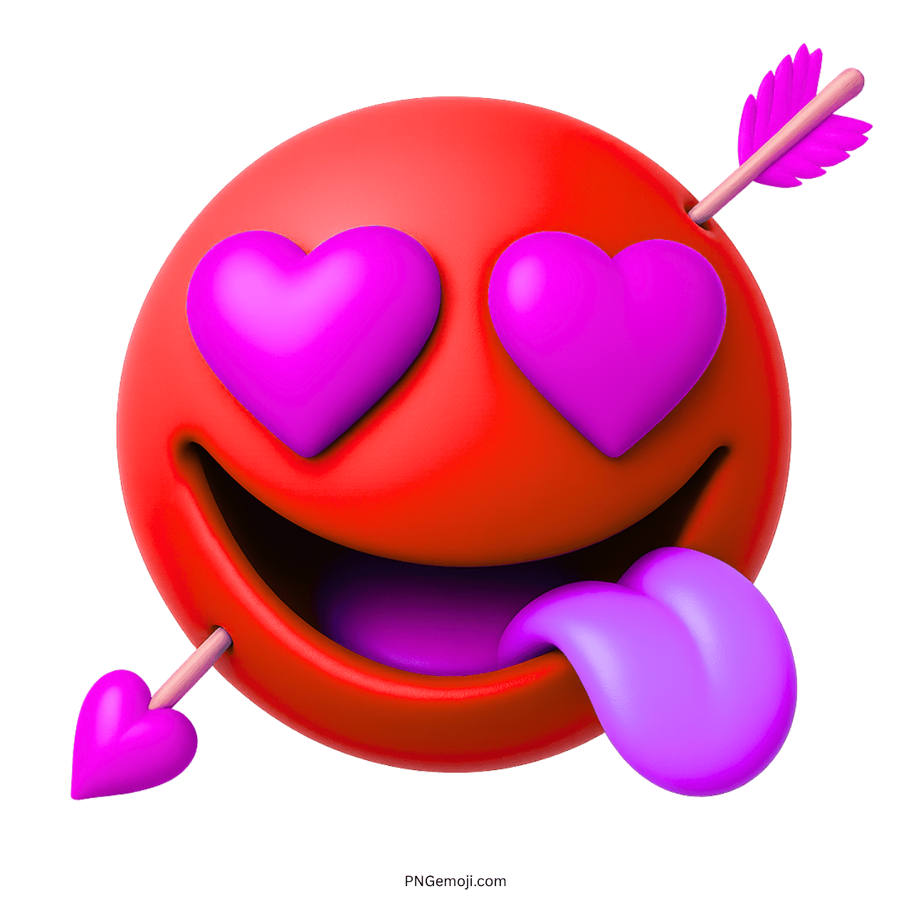 Red love emoji with purple heart eyes, tongue out, and pierced by Cupid’s arrows